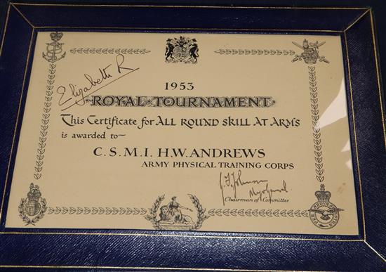 A 1953 Royal Tournament certificate, signed by Queen Elizabeth II,